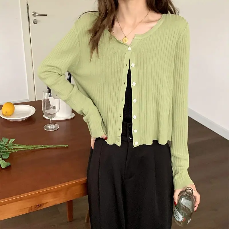 Women Clothing Chic Solid Vertical Grain Button Cardigan Summer Casual Loose O-neck Short Sleeve T-shirt Fashion All-match Tops