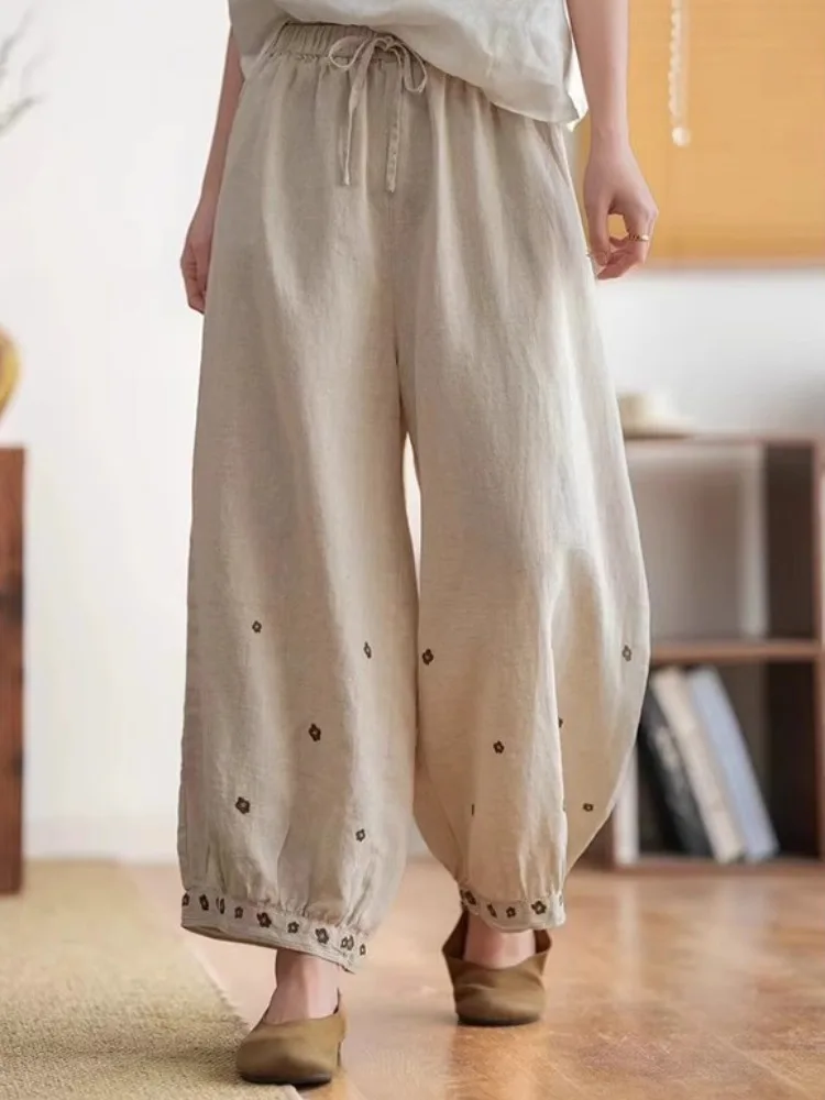 الرجعية المطرزة القطن الكتان بنطال ذو قصة أرجل واسعة النساء الربيع الصيف حزام خصر مرن عادية مستقيم أنبوب فانوس السراويل #1