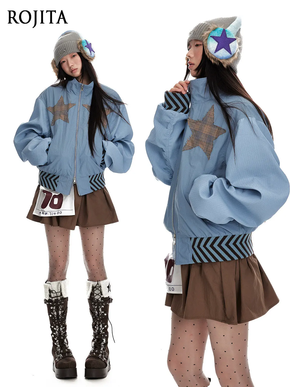 Women Y2K Oversized Jacket Stand-up Collar Splicing Double Zipper Jacket Autumn Loose Short Coat Top Women Y2K Streetwear Coat
