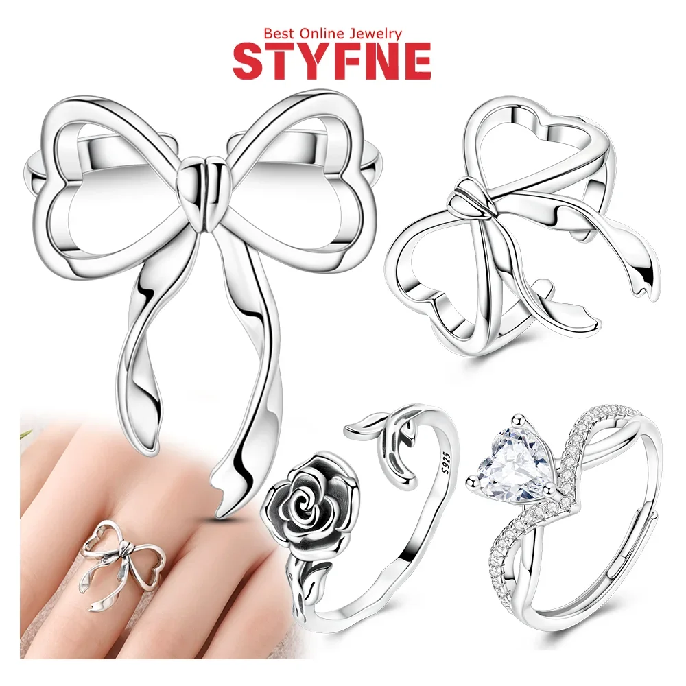 

Ring 925 Silver Original Opening Ring Golden Snake Rose Bow Crown Shiny Zircon Adjustable Rings Wedding Party Jewelry Gifts