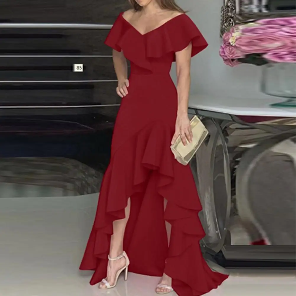 

Pure Color Ball Gown Elegant Ball Gown Maxi Dress V Neck Slim Fit Irregular Hem for Parties Banquets Evening Events Solid Color