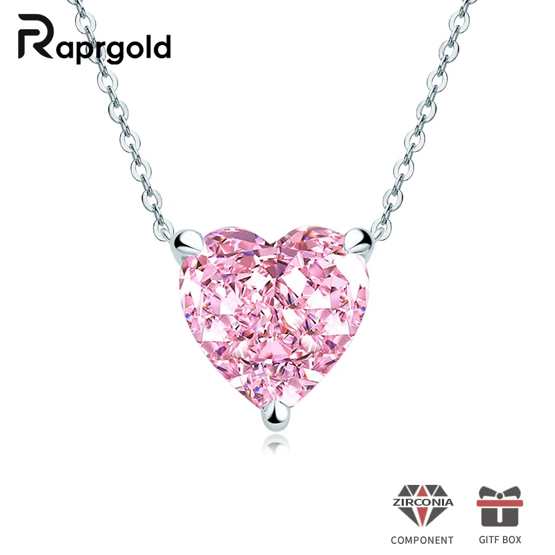 

RAPRGOLD Love Heart Pink Zircon Pendant Necklaces for Women Real S925 Sterling Silver Chains Wedding Party Fine Jewelry Gifts
