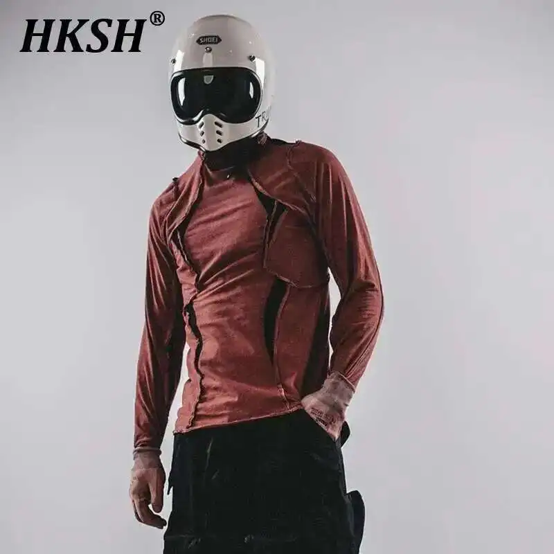 

HKSH Autumn New Male Tide Tactical High Neck Three Dimensional Punk Waste Land Deconstruction Punk T-shirt Patchwork Tees HK2416