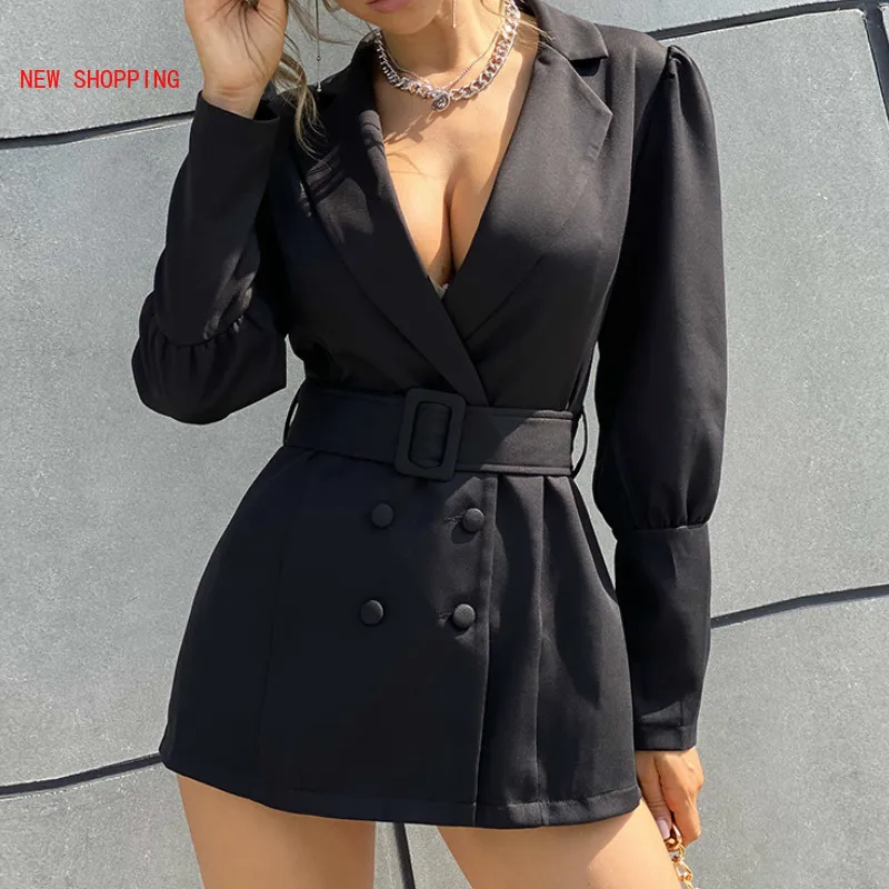 

Black Sexy Deep V Neck Full Sleeve Bazers Women Double Breasted with Sashes Outerwear Autumn Winter Business Blazer Office Lady