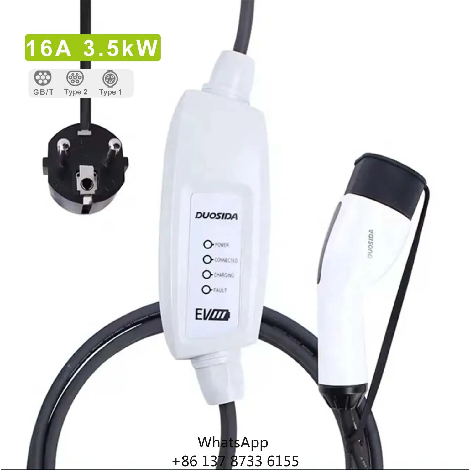

New TUV 16A Type 2 3.5kW EV Charger DUOSIDA EVSE Portable Electric Vehicle AC 6mA Optional Type 2 GB/T Plug