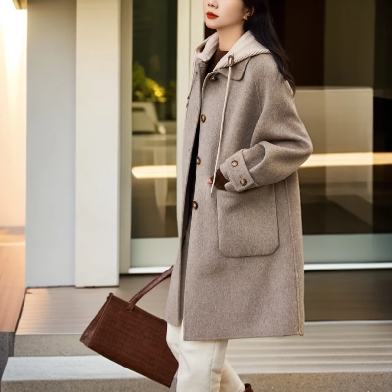 

New Women Double-sided Cashmere Coat Female Solid Long Hooded Single Breasted Warm Woolen Coats Loose Tide Autumn JJ1022