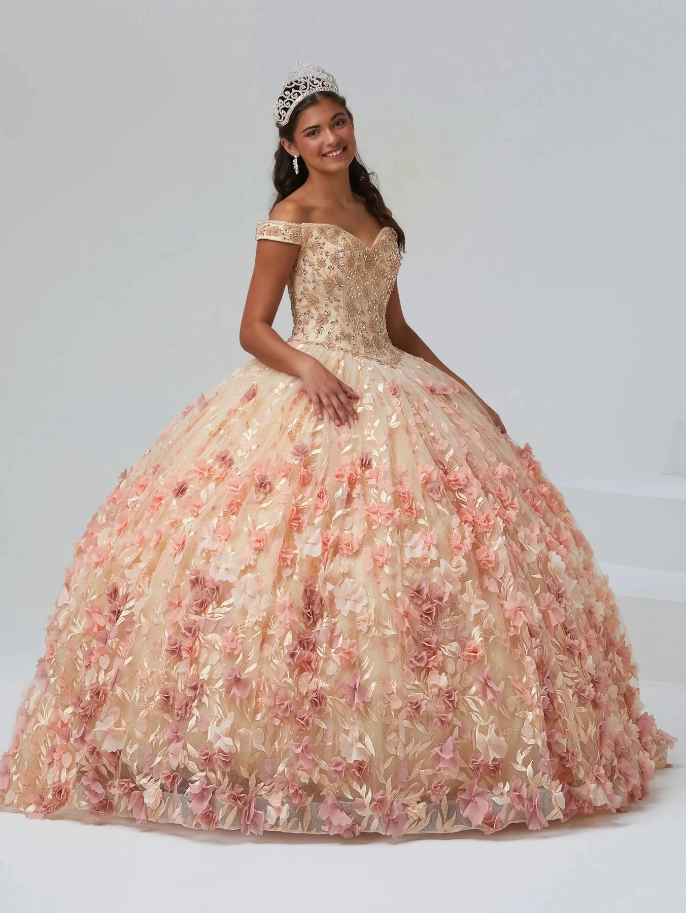 Robe de Bal Charro Quinceanera Marron, en Tulle, à Fleurs, Bouffantes et Perlées, Douce, Mexicaine, 16, 15 Ans