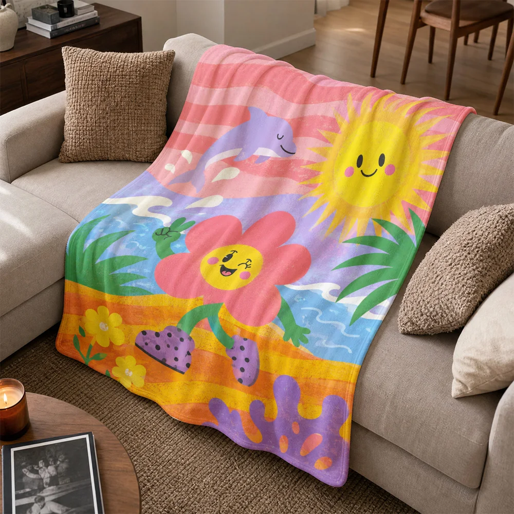 Aesthetic Retro Tropical Ocean Throw Blanket Dolphin Floral Pattern Cozy Sofa Couch Cover Knit Picnic Beach Summer Decor Gift