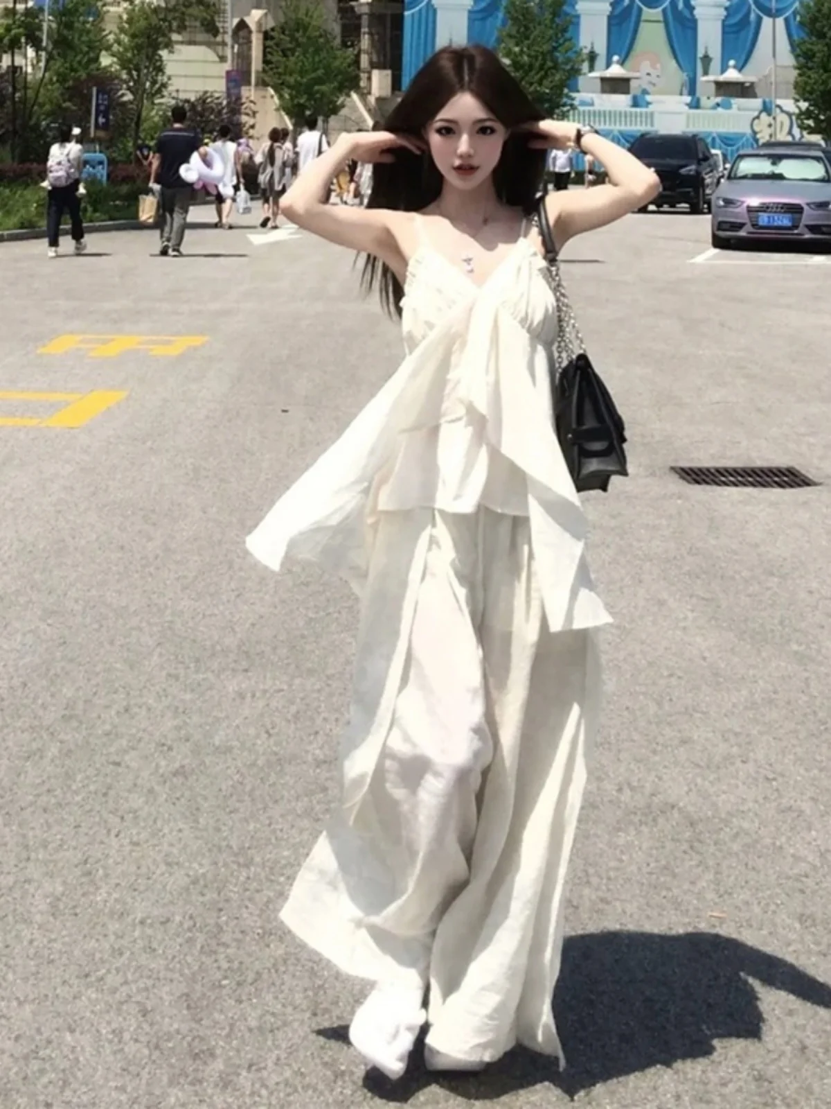 

Summer Beach Vacation Casual Sexy Two-Piece Set Strap Top Wide Leg Pants for Young Women Trendy Fashion Outfit Beachwear