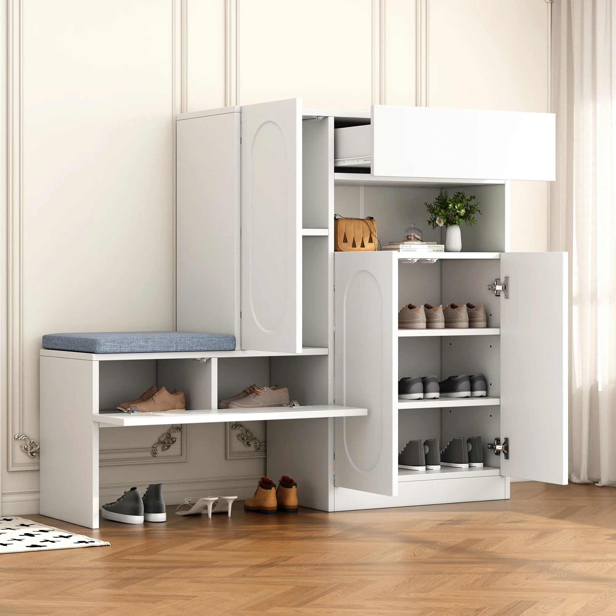 Mueble zapatero con 2 puertas, estantes ajustables y banco – para la entrada – 130×35×110 cm – blanco