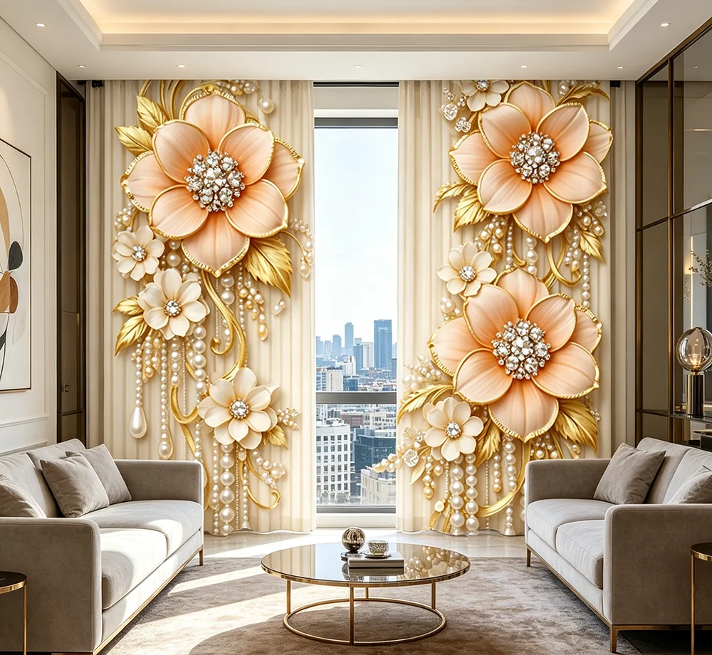 2PCS Digital Printed Curtains, 3D Flower Pearl Semi-Sheer Decor, Rod Pocket Window Drapes for Living Room Bedroom Decor