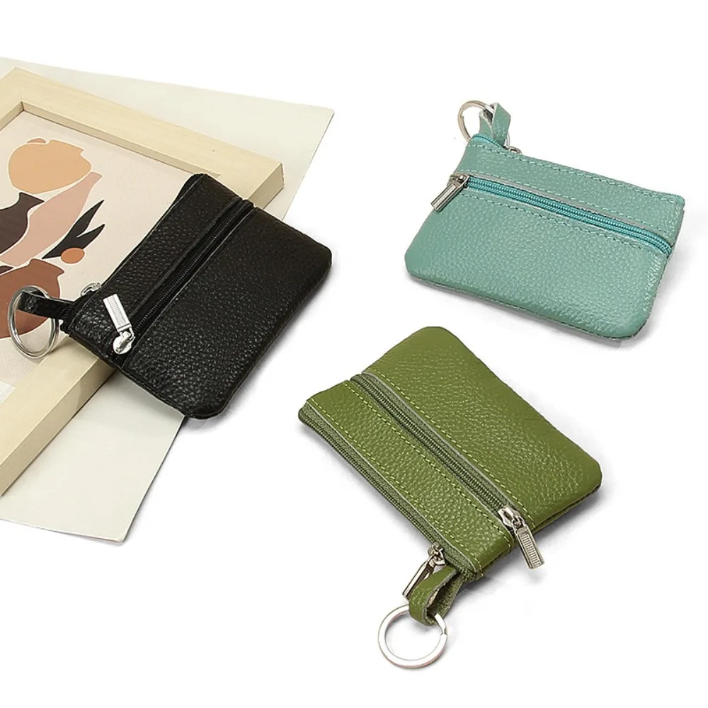 First layer cowhide solid color small wallet portable coin bag ultra-thin leather zipper coin purse
