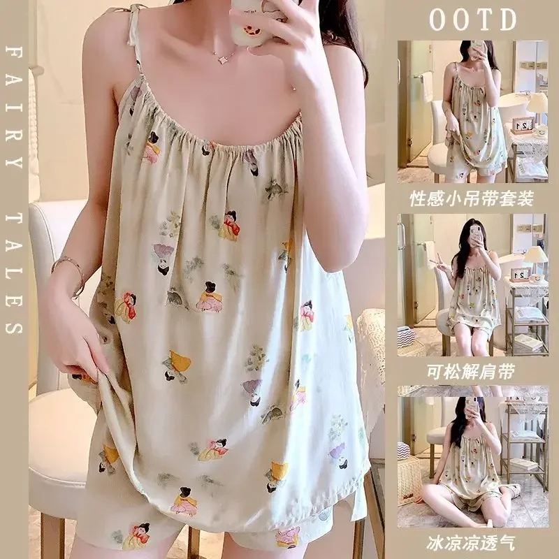 Pyjamas Summer Cotton Silk Suspenders Japan New Thin Home Loose Casual Comfortable Premium Simple High Quality  Cute Sweet Sexy