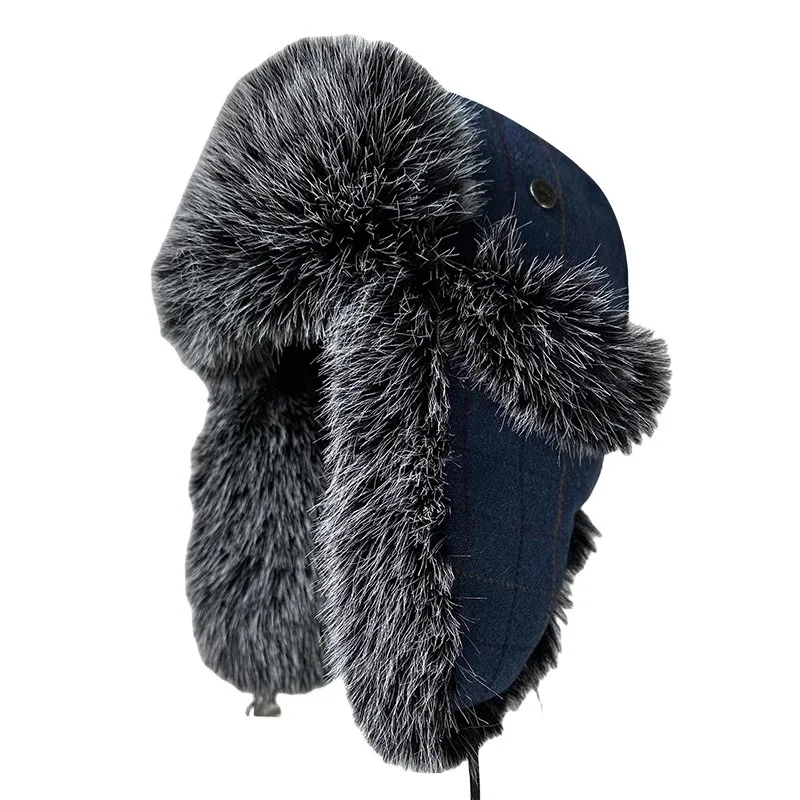 Winter Plaid Trapper Hat for Men Warm Thick Furry Lined Ear Flap Cap