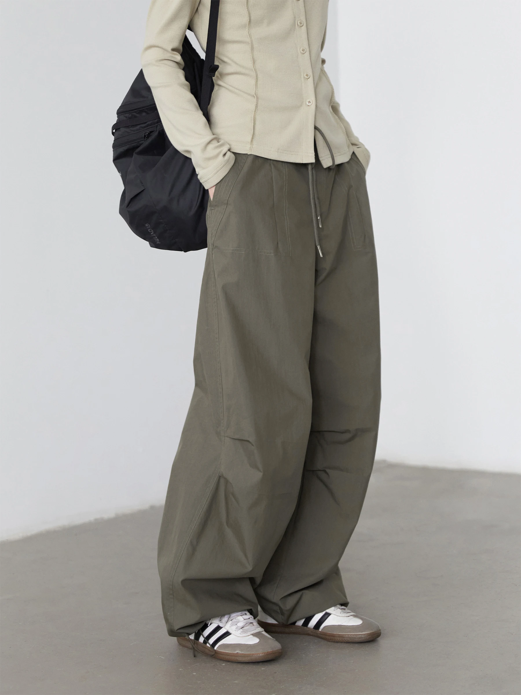 CHIC VEN Women Pants Solid Loose Casual Outdoor Workwear Female Wide Leg Trousers Drawstring Windproof Spring Autumn 2025