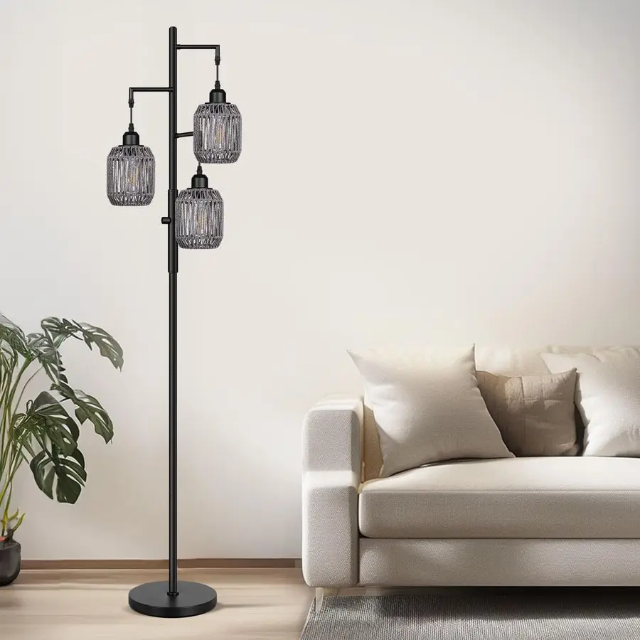 

Диммируемый напольный светильник в стиле бохо с 3 лампами, напольный светильник из ротанга в стиле фермерского дома для гостиной, промышленный напольный светильник-дерево с 3 светодиодными лампами по 6 Вт