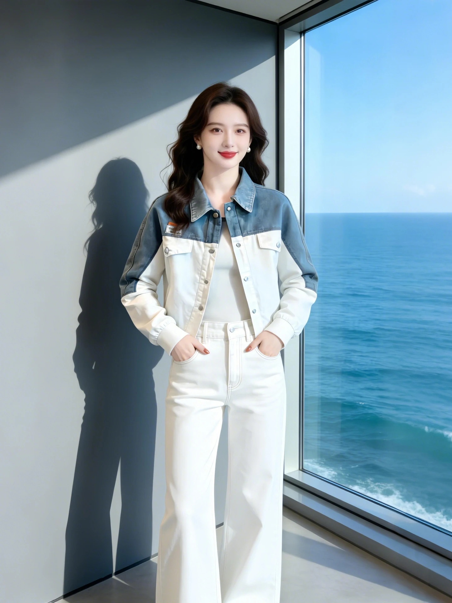 

Slim Fit Color Block Short Jacket Women's Spring Autumn New Style Commute Style Button Detail Straight Cut Jeans Jacket