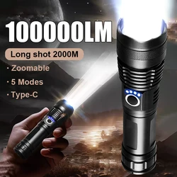 100000 Lumens High Power LED Flashlight Rechargeable Flashlight XHP50 Tactical Flashlight Outdoor Camping Waterproof Lantern