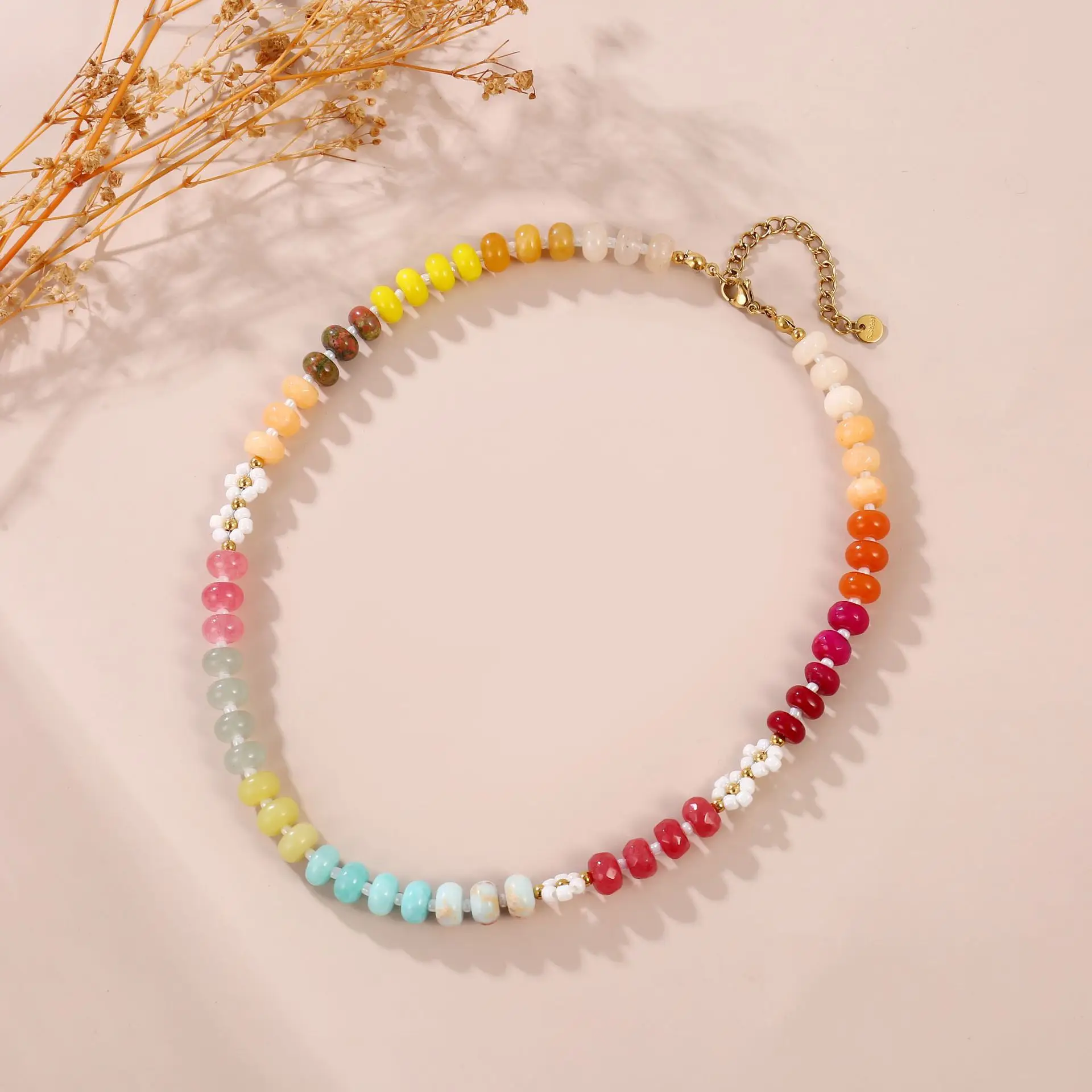Böhmische bunte Halskette mit Natursteinperlen für Frauen, niedliche Blumen-Schlüsselbeinkette, Sommer-Schmuck-Accessoires, Geschenk – Detail 5