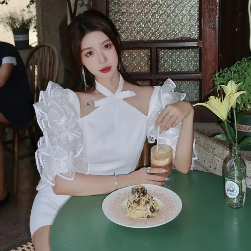 French dress with high-end  niche design, long waisted puff sleeve dress, summer new style for women