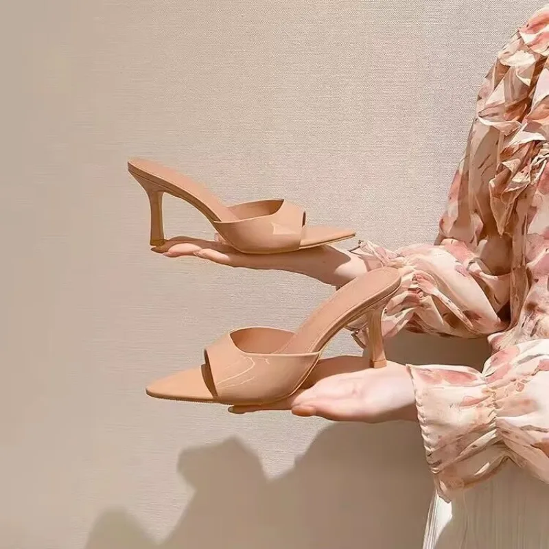Summer New Popular Solid Color All Match Fine Heels Comfortable Women's Shoes Fashionable Pointy Open Toe Sexy High Heel Slipper