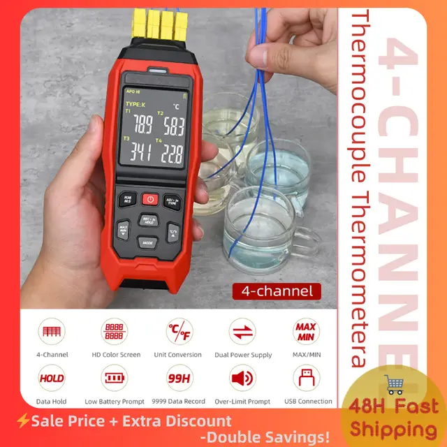 4-Channel K/J/T Thermocouple Thermometer,High Precision Handheld USB