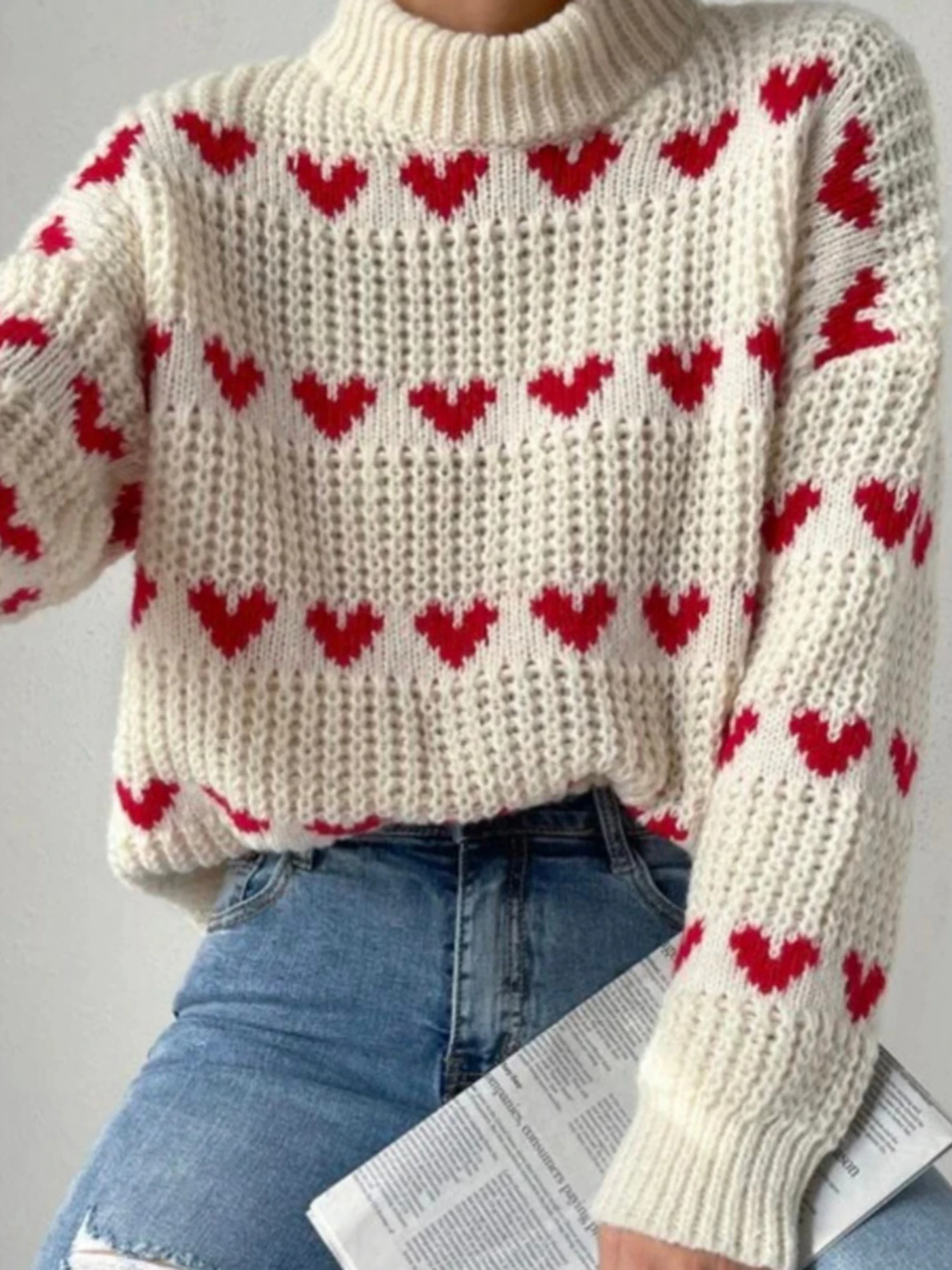 wsevypo Women\'s Baggy Knit Sweaters Casual Love Heart Jacquard Long Sleeve Mock Neck Pullovers Jumpers Fall Winter Knitwear