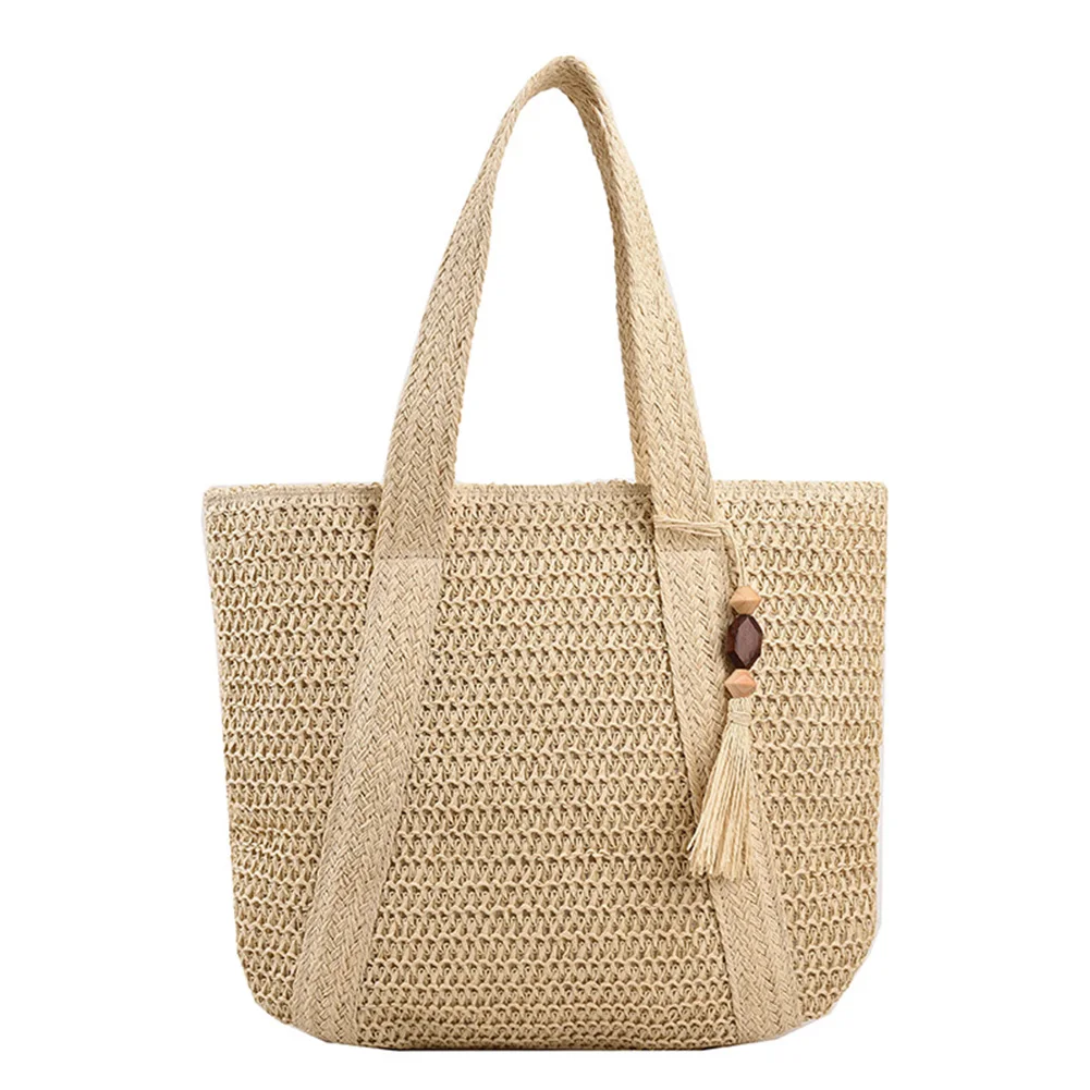 Bolso tejido de paja de verano, moda hecha a mano, Simple, de gran capacidad con colgante de borla, bolsos tejidos a mano, bolso de compras