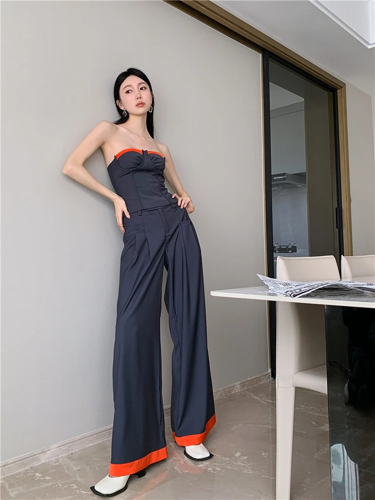 CHEERART Summer 2 Piece Sets Women Outfit 2023 Grey Tube Top And Wide Leg Pants Runway High Fashion Designer Clothes