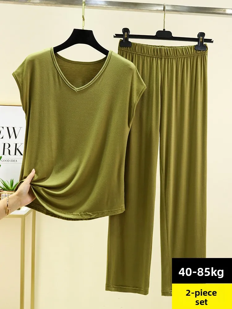 

Комплект футболки из модала Svel, женские летние свободные повседневные длинные брюки, однотонный домашний комплект из двух предметов, удобный V-Ne