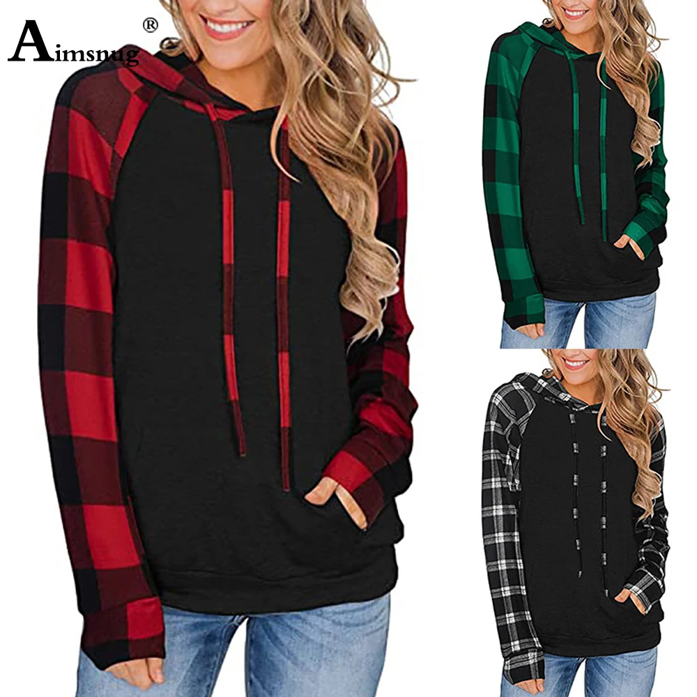 Aimsnug 2022 European Style Fashion Sweatshirts Long Sleeve Plaid Top Casual Shirts Pullovers Girls Streetwear Ladies Hoodies