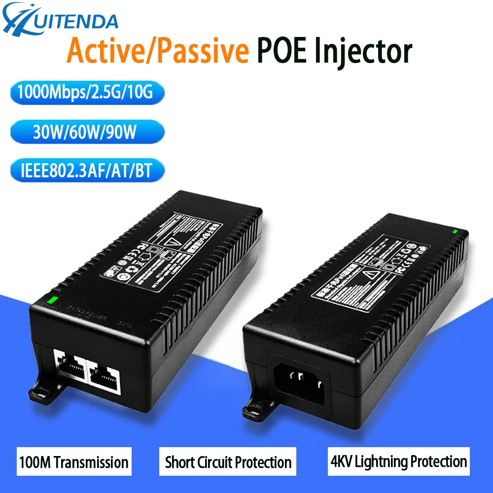 

Active/Passive POE Injector 30W/60W/90W High Power 1000Mbps/2.5G/10G Ethernet Adapter for IP Cameras Routers WiFi Access Points