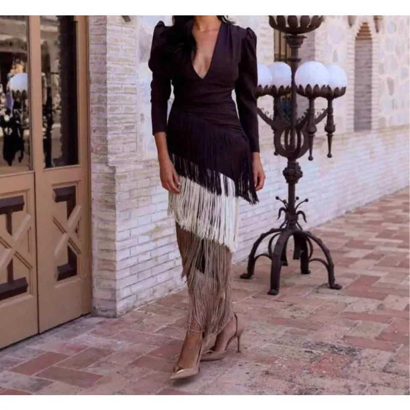 Élégant col en V profond mince robes de bal 2025 printemps solide épissé gland longue robe femmes à manches longues nouvelle automne Maxi robe