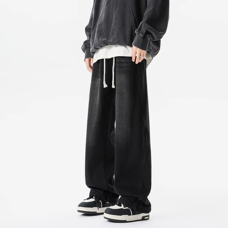 

New American drawstring jeans, retro and fashionable straight leg casual pants, loose oversized fashionable jeans