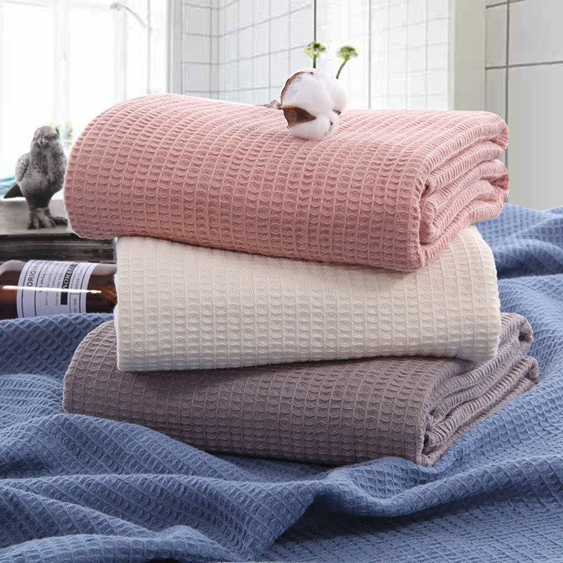 

105x150cm Pure Cotton Knitted Blanket Soft Comfortable Breathable Lunch Knee Blanket Car Camping Travel Blanket Blue Pink Green