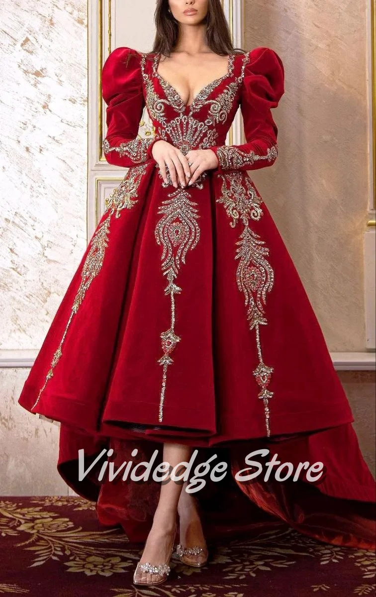 

Burgundy V-Neck Luxury Prom Dress Customized Elegant Long Sleeve Beaded Studded Appliqued Women's Evening Dresses Front Short