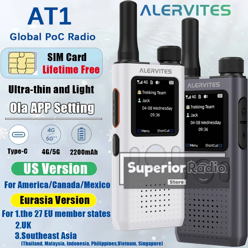 ALERVITES PoC AT1 Global Mini Walkie Talkie Baofeng Radio 4G LTE 5G US/Eurasia Version OLA APP Setting Type-C Ultra-light Thin