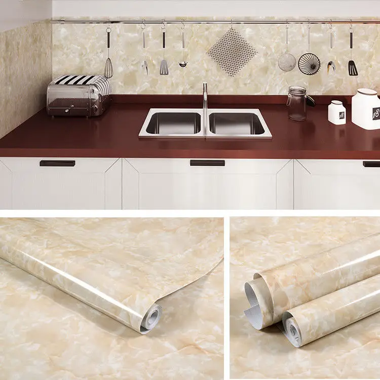 Kitchen DIY Self-Adhesive Waterproof Oil-proof PVC Wall Stickers Cabinets Countertop Wallpaper Bathroom Desktop Renovation Films