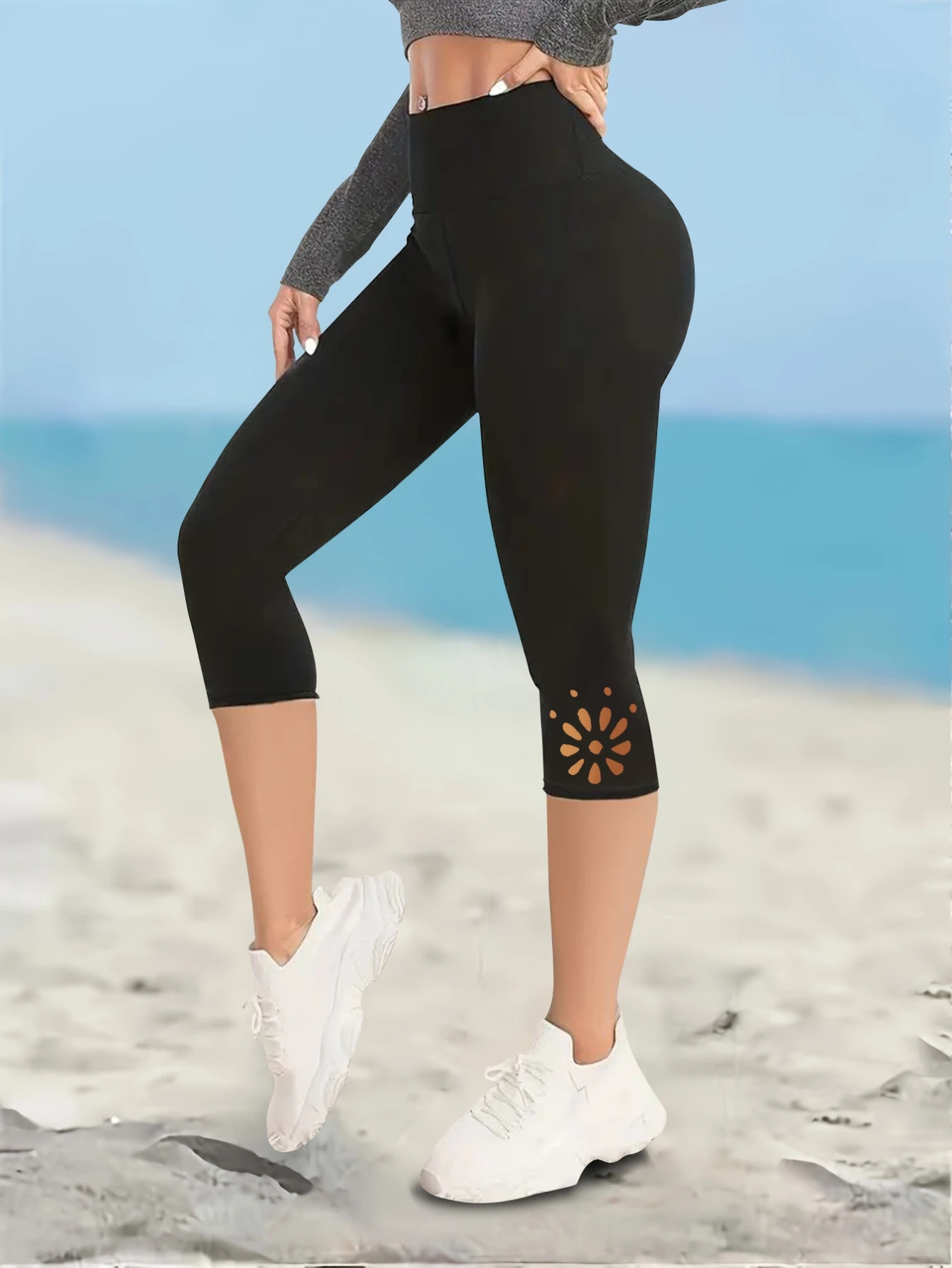 Women s sportswear leggings solid color cropped pants with flowers on the legs