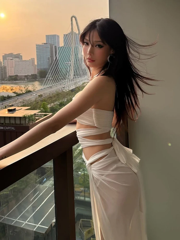 

Whatiwear Sexy Classic See Through 2 Piece Set Women Irregular Hollow Halter Bandages Split Dress+Short Vacation Party Clubwear