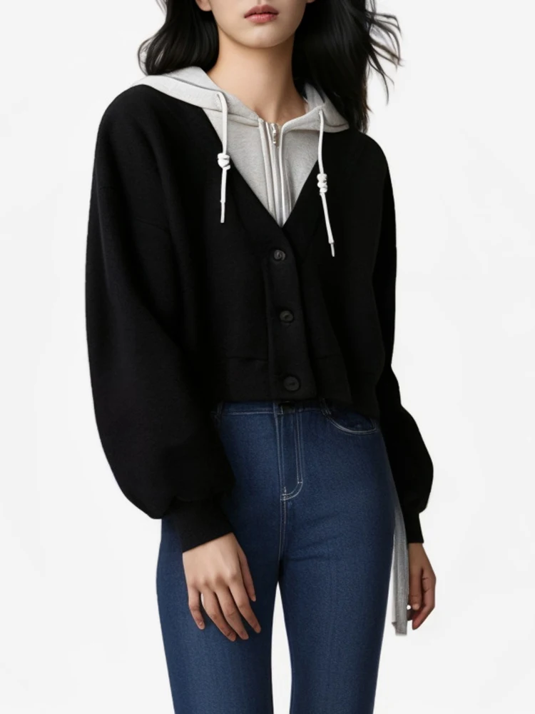 Fashion Fake Two Piece Hoodies Women Long Sleeve Sweatshirts Patchwork Zipper Casual Short Tops Pullovers Cropped Tops Female