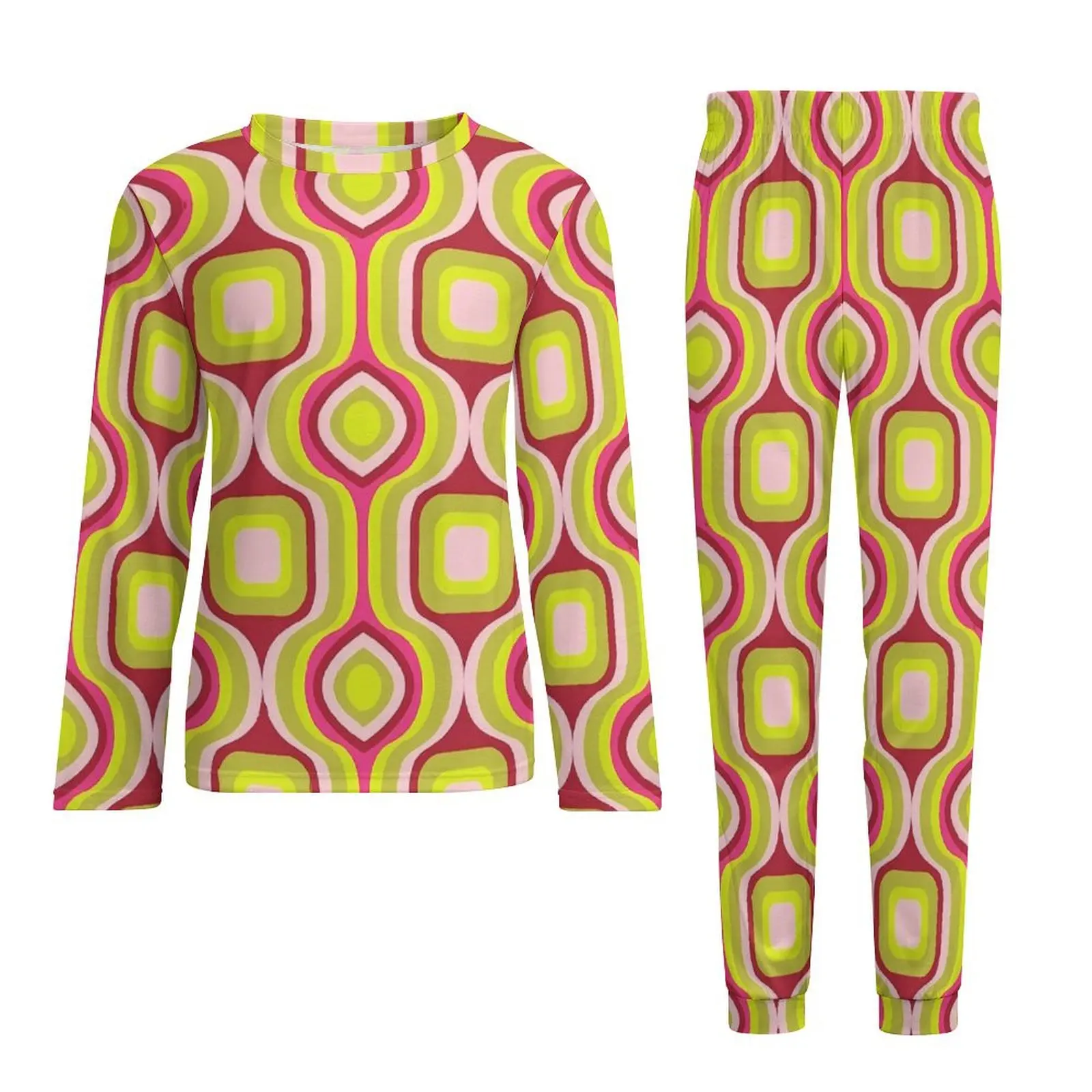 Retro Geo Print Pajamas Spring Red and Yellow Night Sleepwear Male 2 Piece Pattern Long-Sleeve Lovely Oversized Pajamas Set