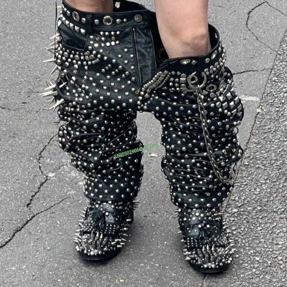 

Black Rivet Studded Men's Big Boots Chain Decor Over the Knee Knight's Boots Round Toe Shoes for Men Shoes Zapatos Para Hombres