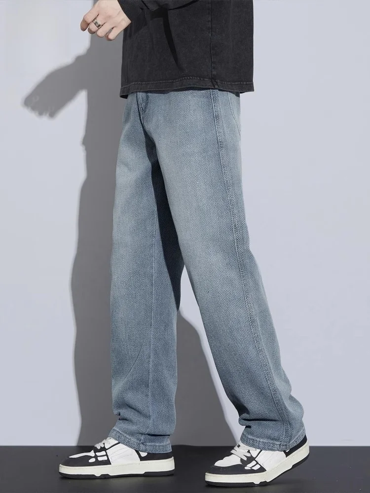 Męskie jeansy o prostych nogawkach, luźny krój, styl vintage, amerykański nadruk Gwieździsta Noc, codzienne, mieszanka bawełny i poliestru, odzież zimowa.