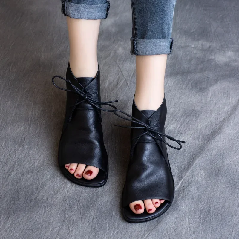 Birkuir Retro High Top Open Toe Sandals Women Lace Up Slides Boots Luxury Beach Sandals Genuine Leather Flats Shoes For Ladies