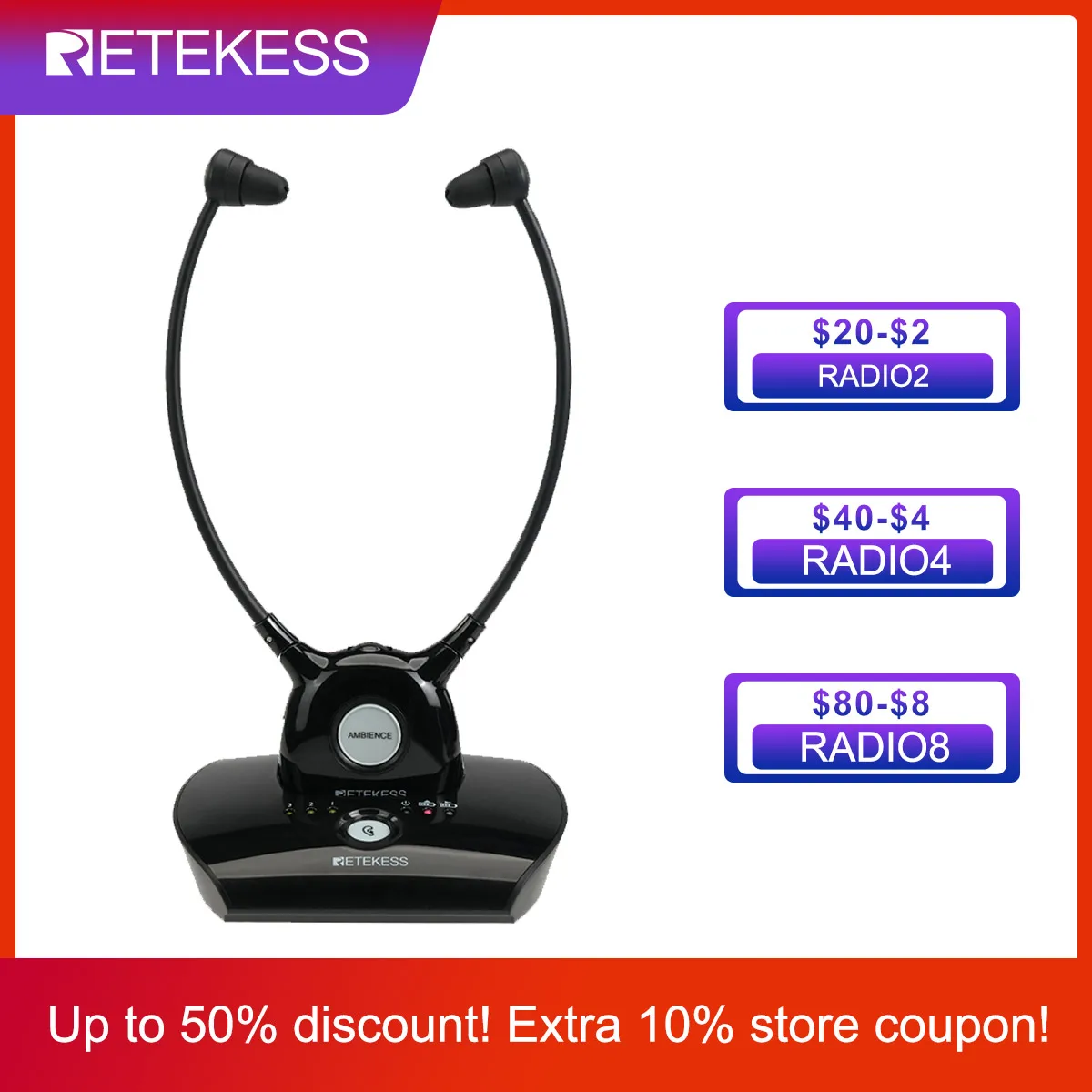 Retekess TA008 TV Hearing Aid Headphone Wireless TV Headsets System 2.4GHz Wireless Headphone for Seniors 3 Tones Dual Batteries