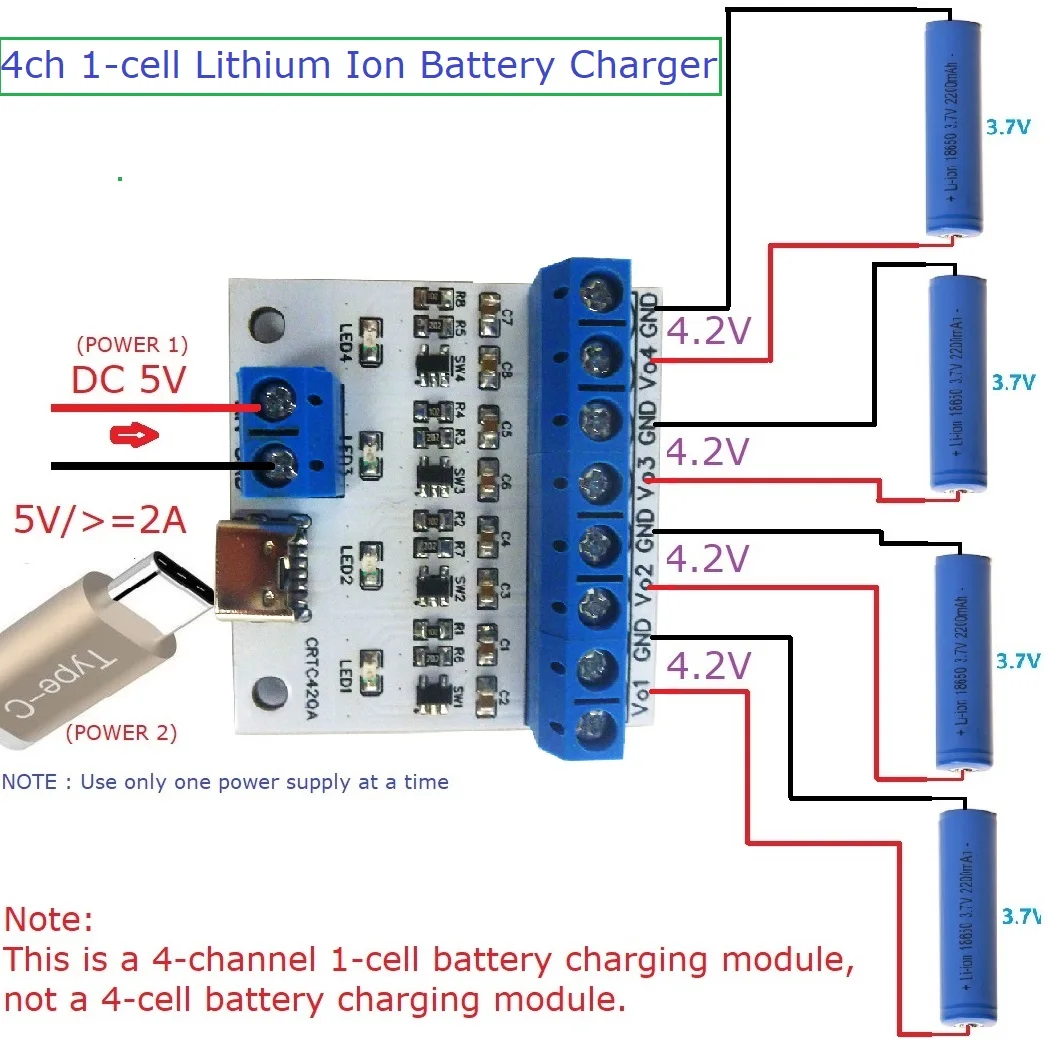 4 channels TYPE-C 3.7V 4.2V Lithium Battery Charger Module CRTC42QA Board