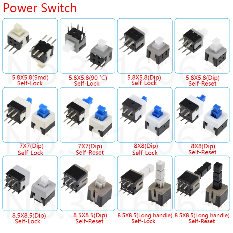 Microinterruptor de botón de 6 pines, 5,8x5,8, 7x7, 8x8, 8,5x8,5mm, autobloqueo/desbloqueo, 8x8MM, 5,8x5,8 MM, lote de 10 unidades