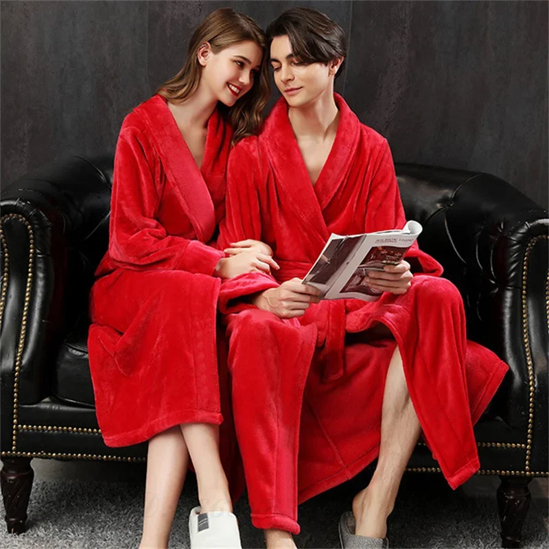 Autumn Winter Coral Fleece Sleepwear Thicken Flannel Couple Long Bathrobe Red Bridegroom Bride Wedding Robe Homewear Lounge Wear