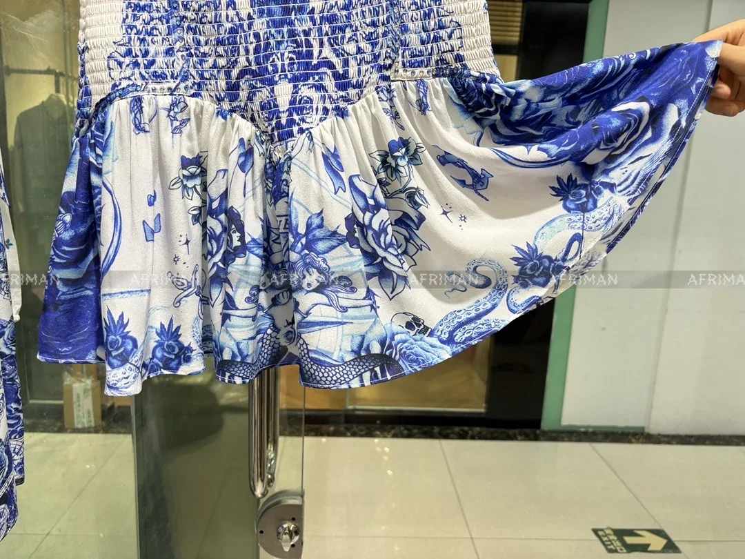 

Женский новый шелковый жилет с лентой на плечах и v-образным вырезом, синий и белый принт, топ + мини-юбка с эластичной резинкой на талии